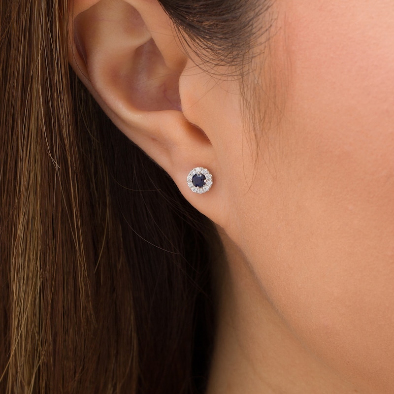 Vera Wang Love Collection 3.0mm Blue Sapphire and 0.146 CT. T.W. Diamond Frame Stud Earrings in Sterling Silver