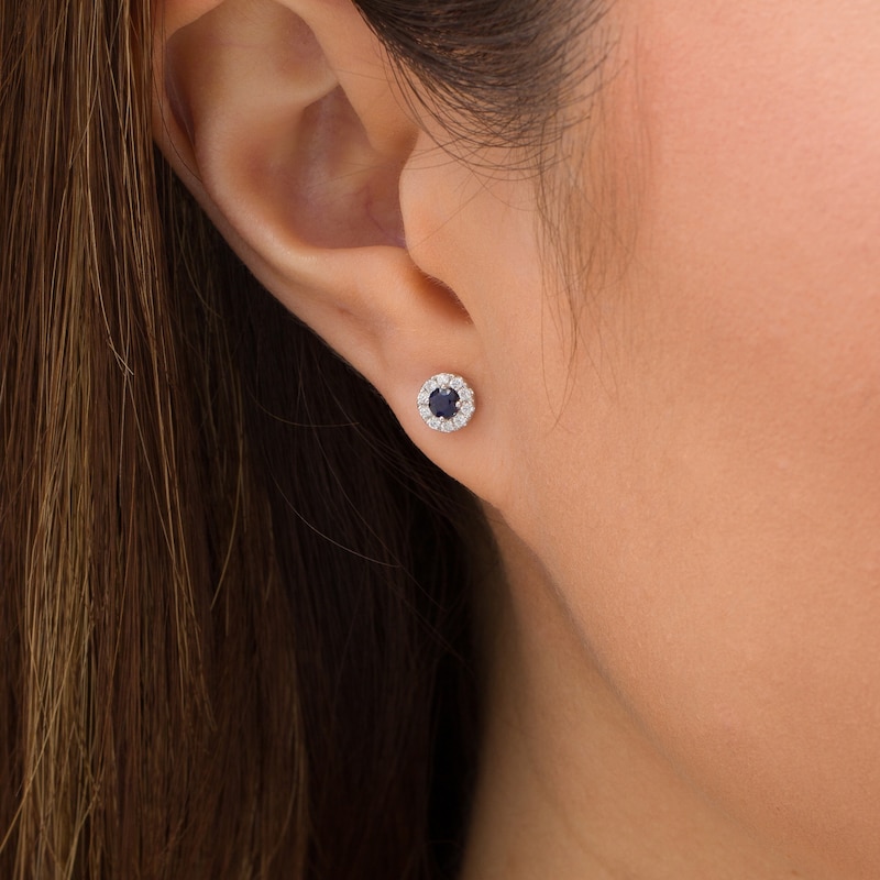 Main Image 2 of Vera Wang Love Collection 3.0mm Blue Sapphire and 0.146 CT. T.W. Diamond Frame Stud Earrings in Sterling Silver