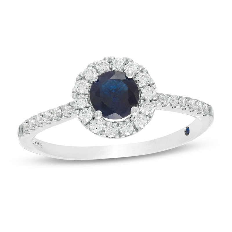 Vera Wang Love Collection 5.0mm Blue Sapphire and 0.23 CT. T.W. Diamond Frame Ring in Sterling Silver