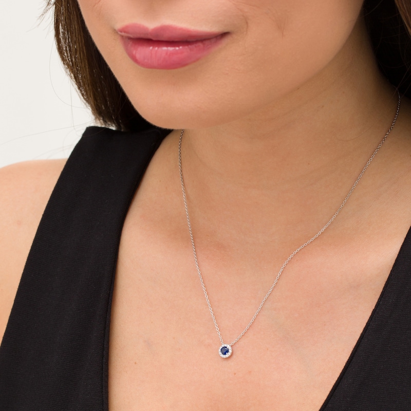 Vera Wang Love Collection 4.0mm Blue Sapphire and 0.085 CT. T.W. Diamond Frame Pendant in Sterling Silver - 19"