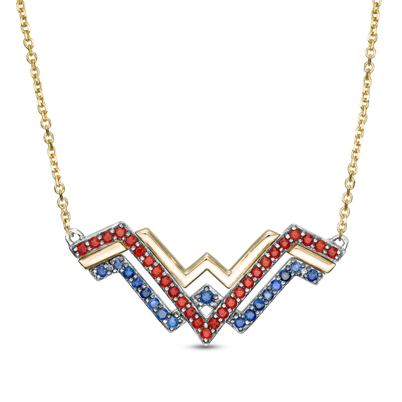 Wonder Woman™ Collection Garnet and Blue Sapphire Symbol Necklace in Sterling Silver and 10K Gold