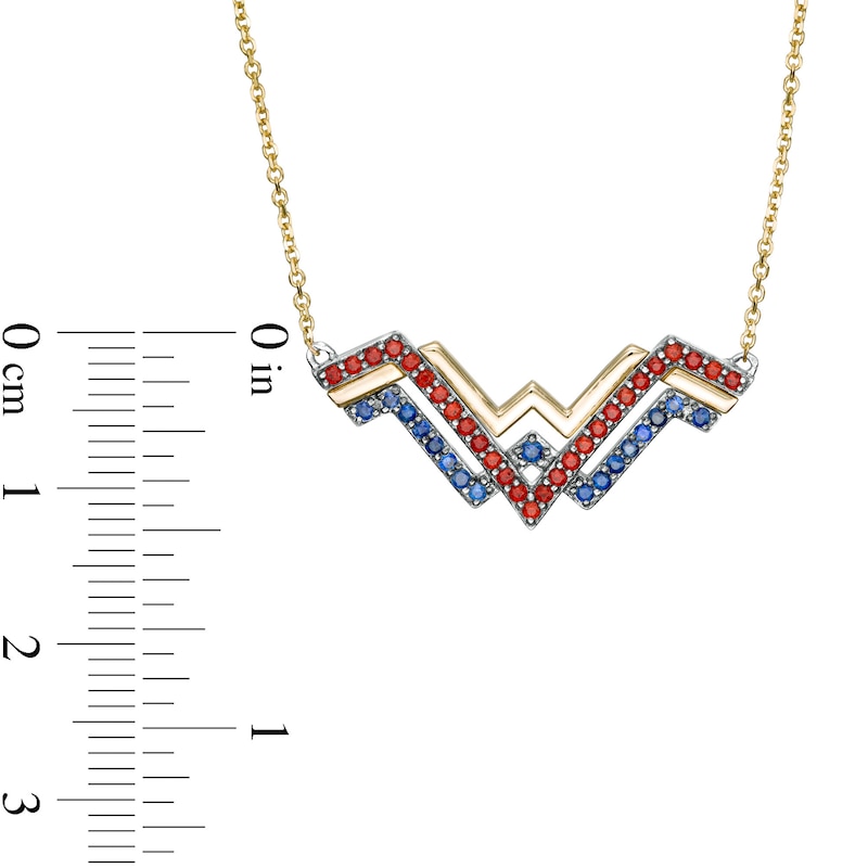 Wonder Woman™ Collection Garnet and Blue Sapphire Symbol Necklace in Sterling Silver and 10K Gold