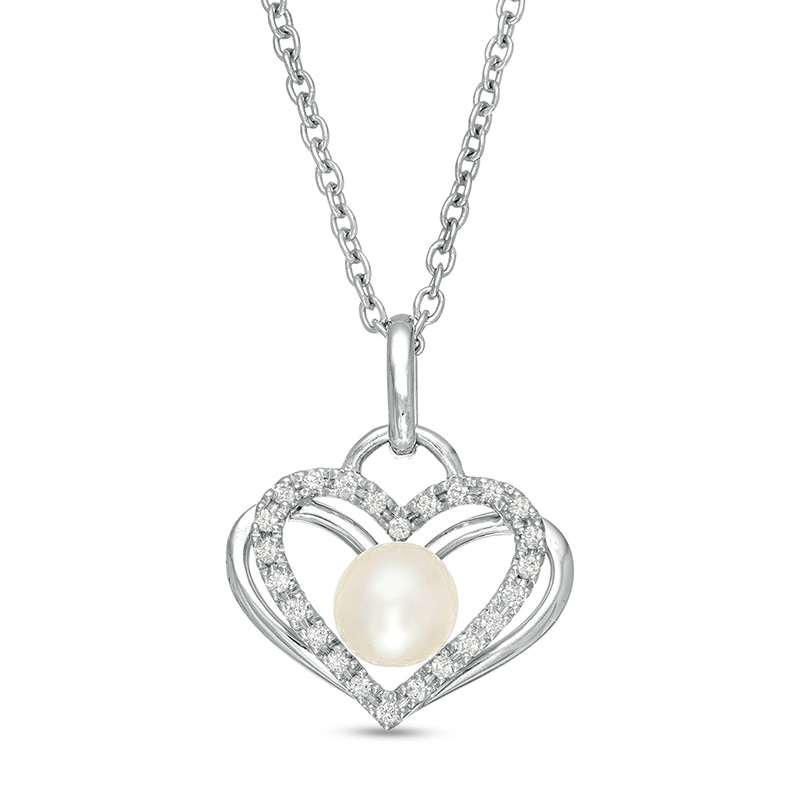 The Kindred Heart from Vera Wang Love Collection Freshwater Cultured Pearl and Diamond Pendant in Sterling Silver-19"