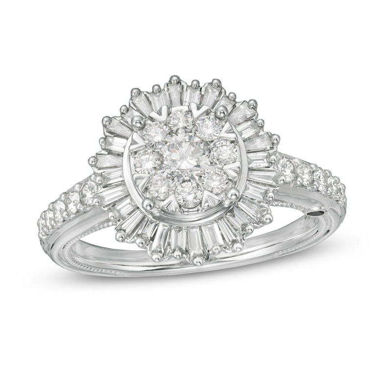 Marilyn Monroe™ Collection 0.95 CT. T.W. Composite Diamond Sunburst Frame Engagement Ring in 14K White Gold