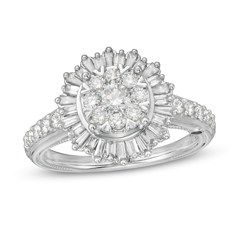 Main Image 1 of Marilyn Monroe™ Collection 0.95 CT. T.W. Composite Diamond Sunburst Frame Engagement Ring in 14K White Gold