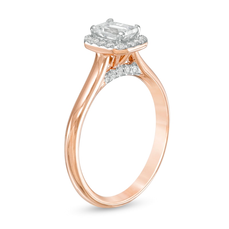 Main Image 3 of 0.64 CT. T.W. Emerald-Cut Diamond Frame Engagement Ring in 14K Rose Gold