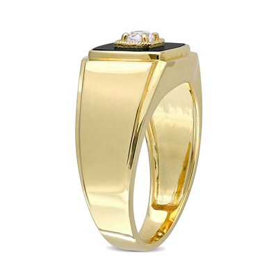 Men's 10.0mm Cushion-Shaped Onyx and Lab-Created White Sapphire Stepped Edge Ring in Sterling Silver with Yellow Rhodium