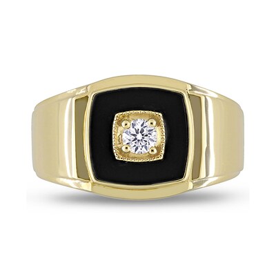 Men's 10.0mm Cushion-Shaped Onyx and Lab-Created White Sapphire Stepped Edge Ring in Sterling Silver with Yellow Rhodium