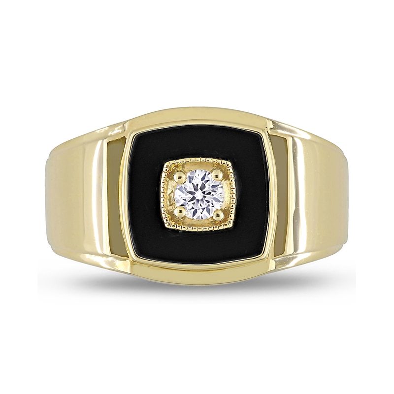Men's 10.0mm Cushion-Shaped Onyx and Lab-Created White Sapphire Stepped Edge Ring in Sterling Silver with Yellow Rhodium