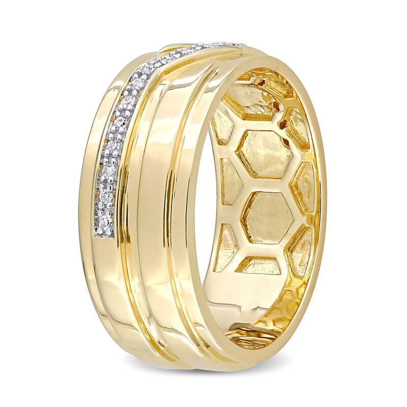 Main Image 3 of Men's 0.09 CT. T.W. Diamond Slant Stepped Edge Band in Sterling Silver with Yellow Rhodium