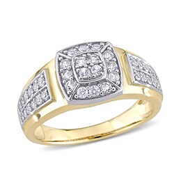 Men's Quad Lab-Created White Sapphire Cushion Frame Double Row Stepped Edge Ring in 10K Gold