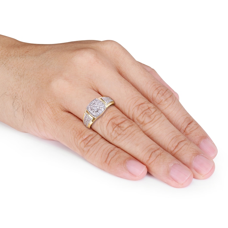 Main Image 2 of Men's Quad Lab-Created White Sapphire Cushion Frame Double Row Stepped Edge Ring in 10K Gold