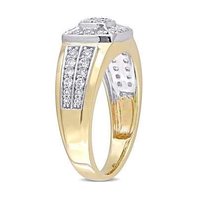 Men's Quad Lab-Created White Sapphire Cushion Frame Double Row Stepped Edge Ring in 10K Gold