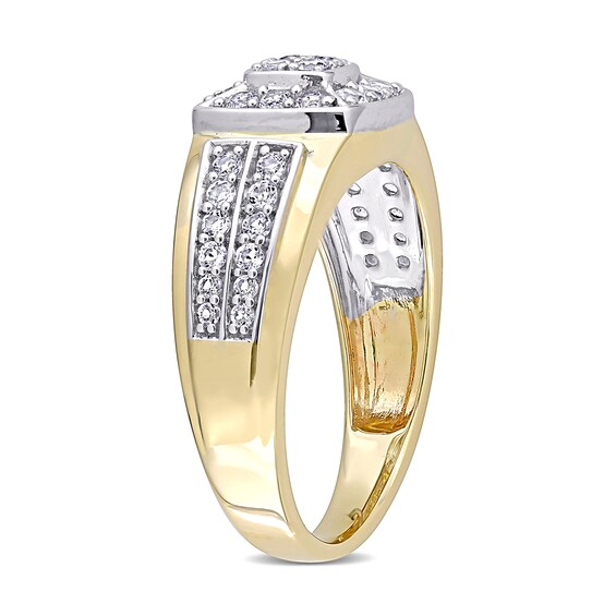 Men's Quad Lab-Created White Sapphire Cushion Frame Double Row Stepped Edge Ring in 10K Gold