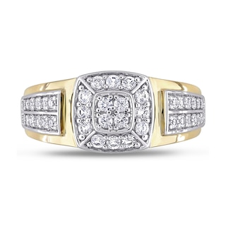 Men's Quad Lab-Created White Sapphire Cushion Frame Double Row Stepped Edge Ring in 10K Gold