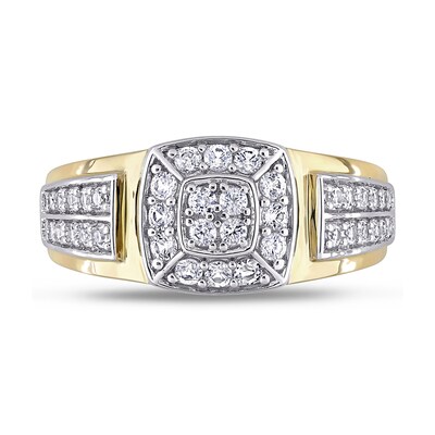 Men's Quad Lab-Created White Sapphire Cushion Frame Double Row Stepped Edge Ring in 10K Gold