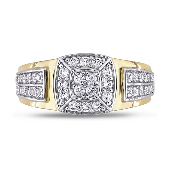 Men's Quad Lab-Created White Sapphire Cushion Frame Double Row Stepped Edge Ring in 10K Gold