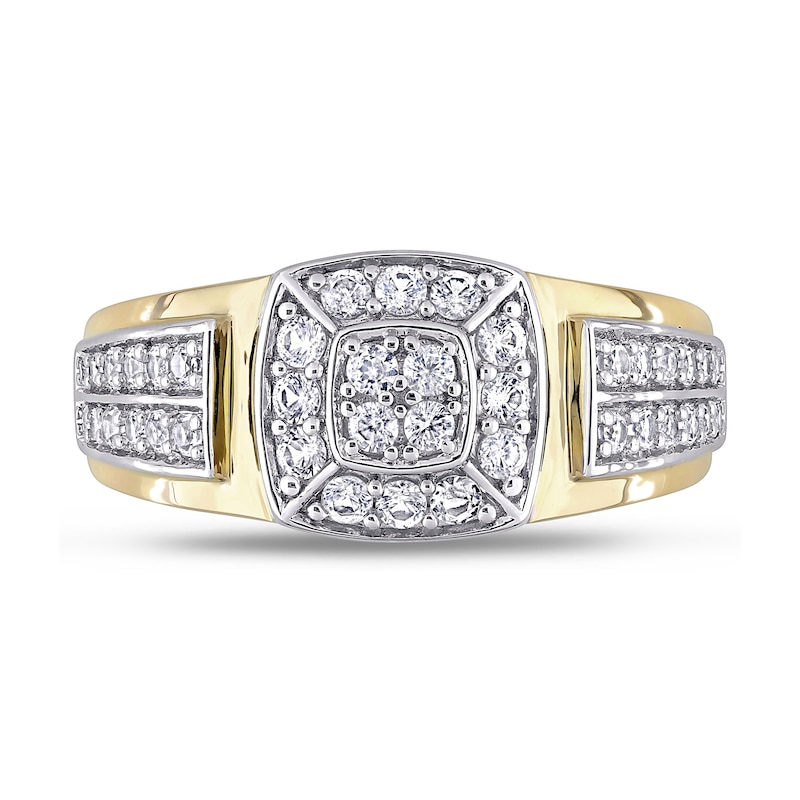 Main Image 4 of Men's Quad Lab-Created White Sapphire Cushion Frame Double Row Stepped Edge Ring in 10K Gold