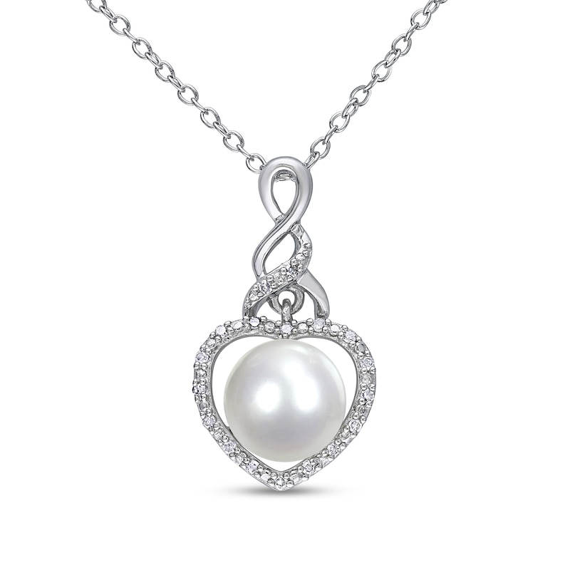 Button Cultured Freshwater Pearl and 0.07 CT. T.W. Diamond Heart Frame Cascading Twist Drop Pendant in Sterling Silver