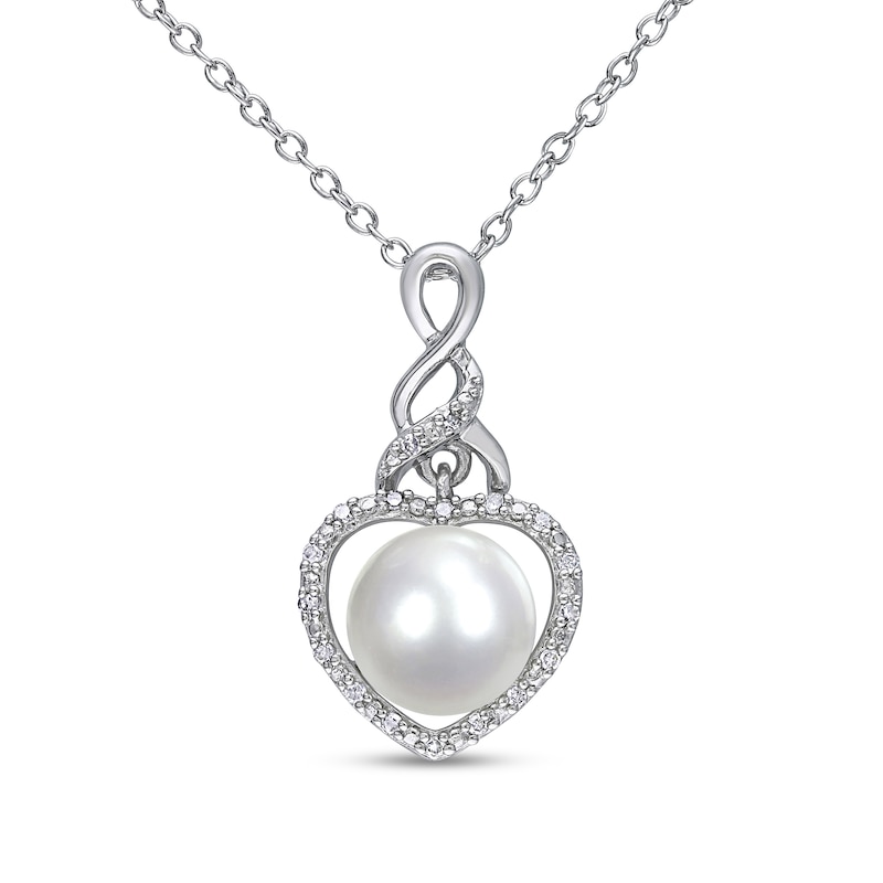 Button Freshwater Cultured Pearl and 0.07 CT. T.W. Diamond Heart Frame Cascading Twist Drop Pendant in Sterling Silver