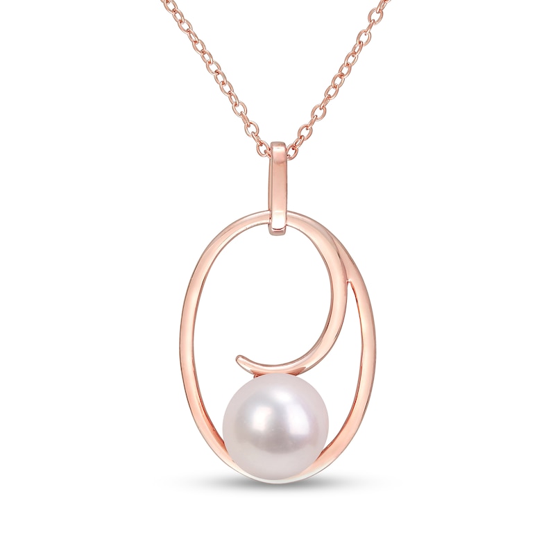 9.0-9.5mm Cultured Freshwater Pearl Open Looping Oval Frame Pendant in Sterling Silver with Rose Rhodium