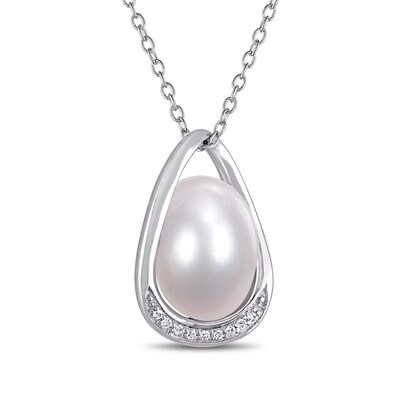 9.5-10.0mm Baroque Freshwater Cultured Pearl and Diamond Accent Teardrop Frame Pendant in Sterling Silver