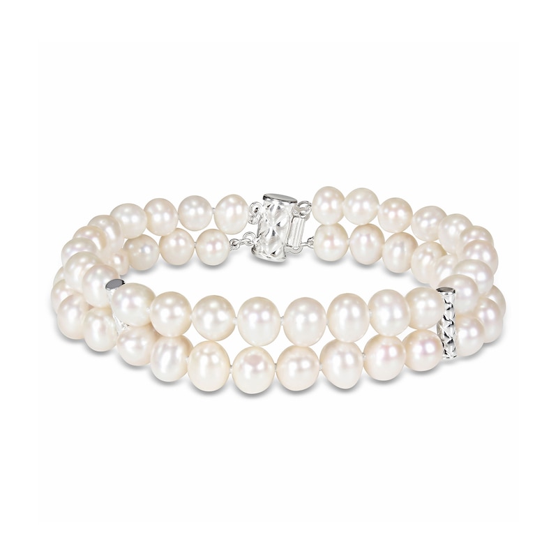 6.5-7.0mm Cultured Freshwater Pearl Barrel Station Double Strand Bracelet in Sterling Silver - 7.5"|Peoples Jewellers