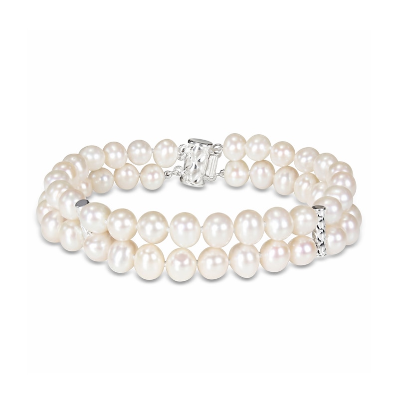 Main Image 1 of 6.5-7.0mm Freshwater Cultured Pearl Barrel Station Double Strand Bracelet in Sterling Silver-7.5"