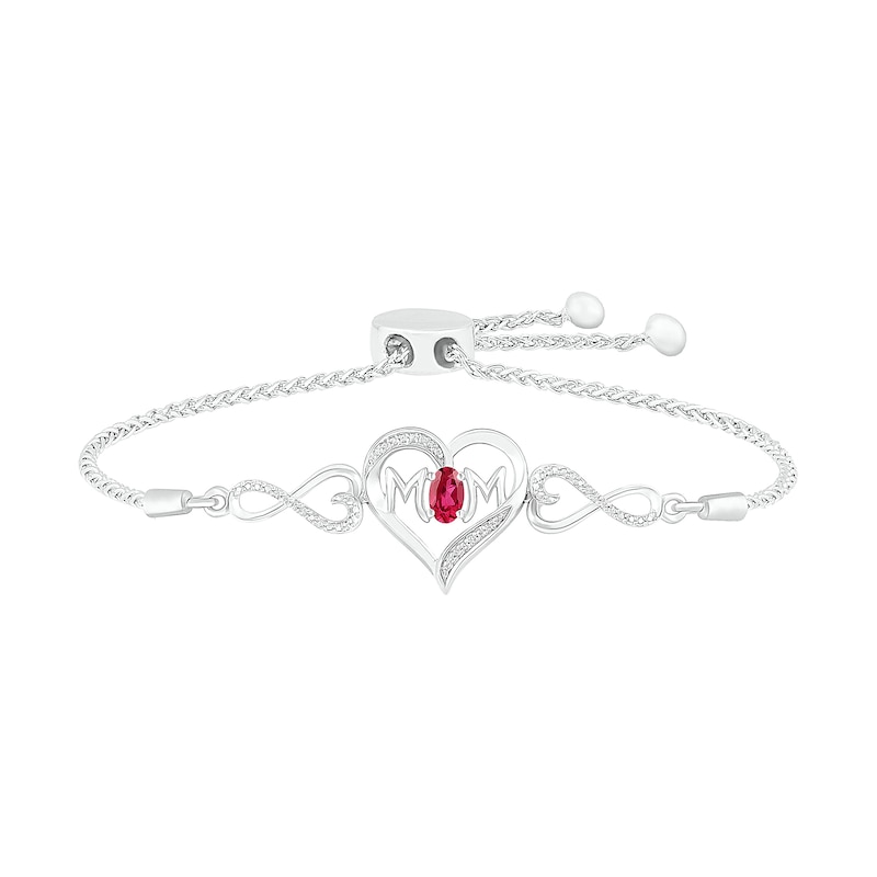 Oval Lab-Created Ruby and 0.04 CT. T.W. Diamond Heart Frame "MOM" Side Infinity Bolo Bracelet in Sterling Silver - 9.5"|Peoples Jewellers