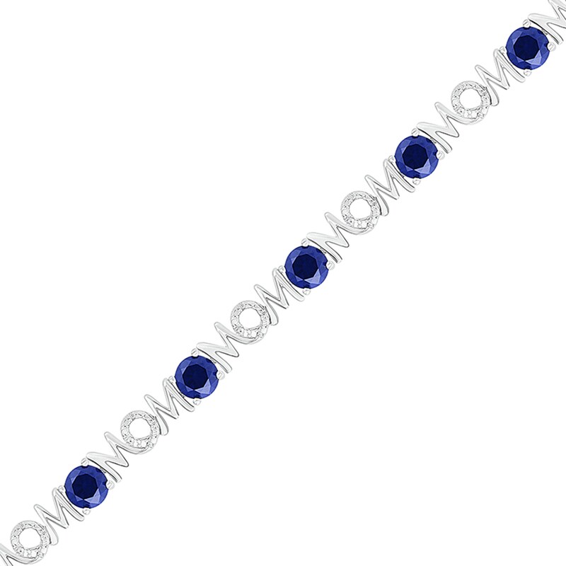 Main Image 1 of 5.0mm Lab-Created Blue Sapphire and 0.09 CT. T.W. Diamond "MOM" Looping Ribbon Bracelet in Sterling Silver - 7.5"