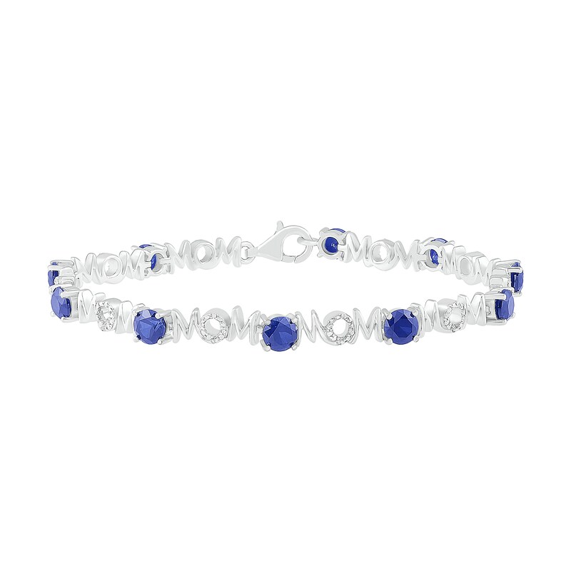 Main Image 2 of 5.0mm Lab-Created Blue Sapphire and 0.09 CT. T.W. Diamond "MOM" Looping Ribbon Bracelet in Sterling Silver - 7.5"
