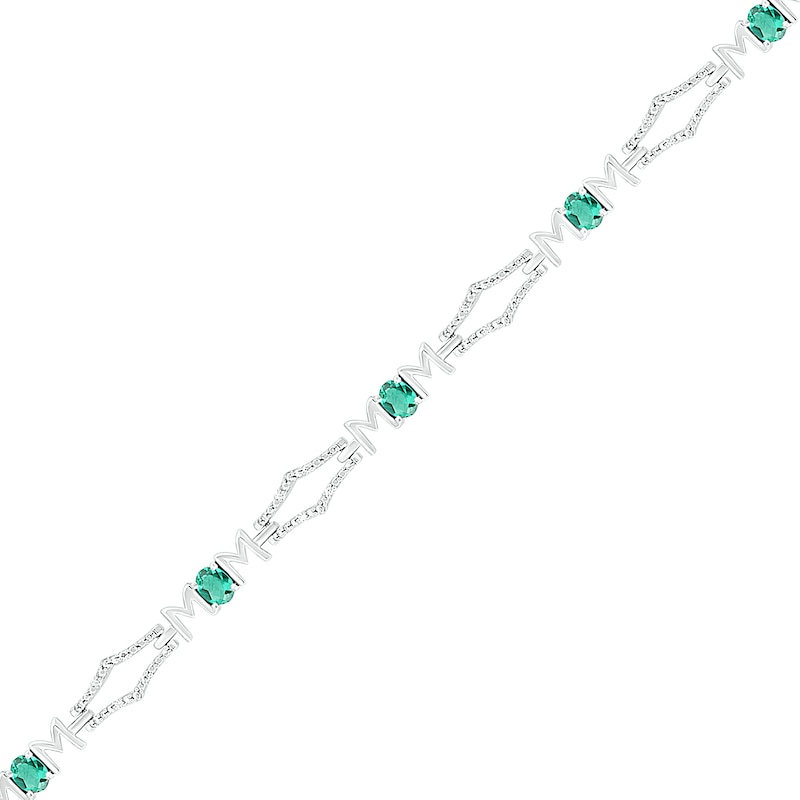 Oval Lab-Created Emerald and 0.09 CT. T.W. Diamond Kite-Shaped Art Deco Link Bracelet in Sterling Silver - 7.5"