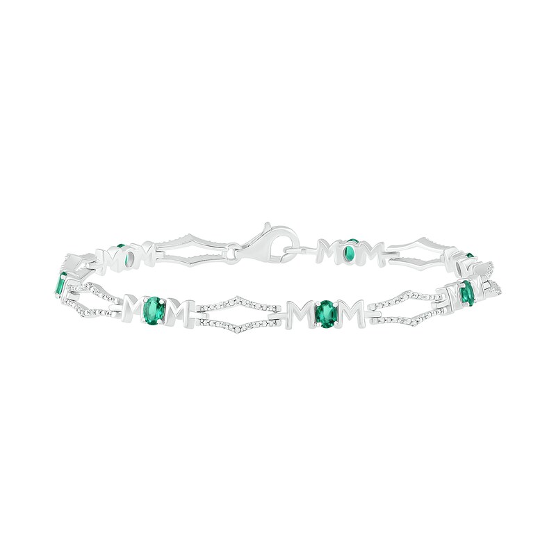 Main Image 2 of Oval Lab-Created Emerald and 0.09 CT. T.W. Diamond Kite-Shaped Art Deco Link Bracelet in Sterling Silver - 7.5&quot;