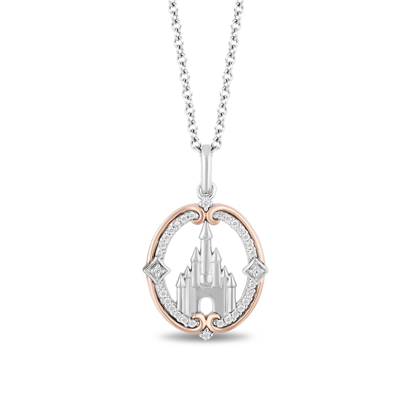 Main Image 1 of Enchanted Disney Princess 0.085 CT. T.W. Diamond Castle Pendant in Sterling Silver and 10K Rose Gold - 19"