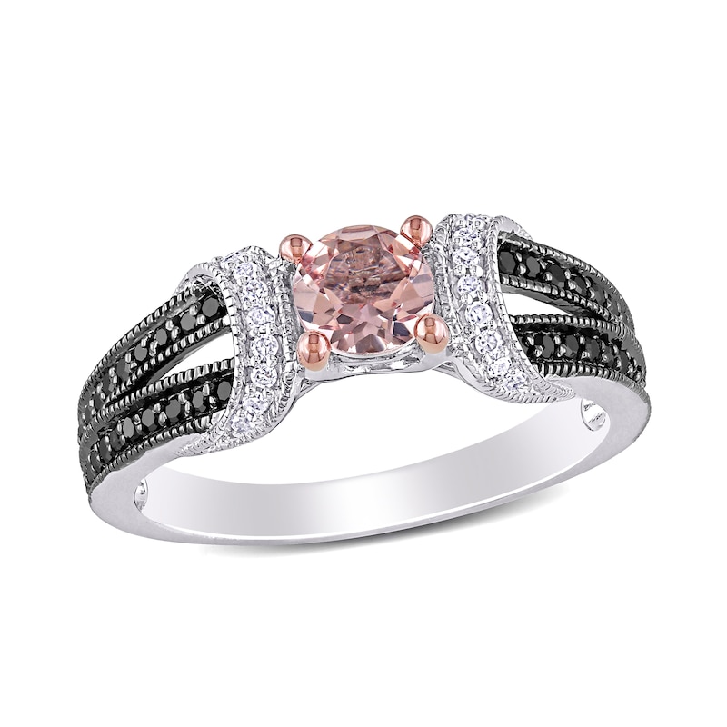 Main Image 1 of 5.0mm Morganite and 0.24 CT. T.W. Enhanced Black and White Diamond Loop Collar Vintage-Style Ring in Sterling Silver