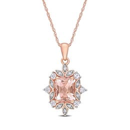 Cushion-Cut Morganite, White Sapphire and 0.05 CT. T.W. Diamond Ornate Leaf Frame Pendant in 10K Rose Gold - 17"