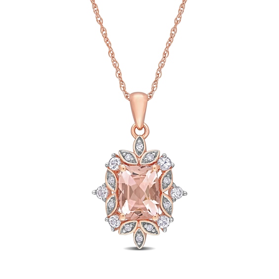 Cushion-Cut Morganite, White Sapphire and 0.05 CT. T.W. Diamond Ornate Leaf Frame Pendant in 10K Rose Gold - 17"