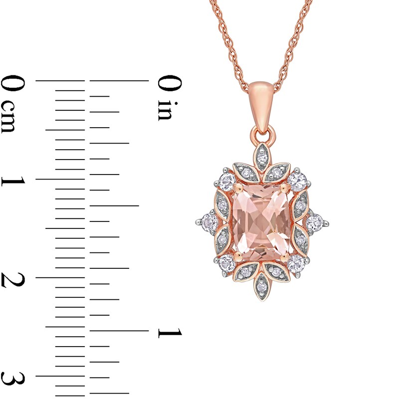 Main Image 3 of Cushion-Cut Morganite, White Sapphire and 0.05 CT. T.W. Diamond Ornate Leaf Frame Pendant in 10K Rose Gold - 17"
