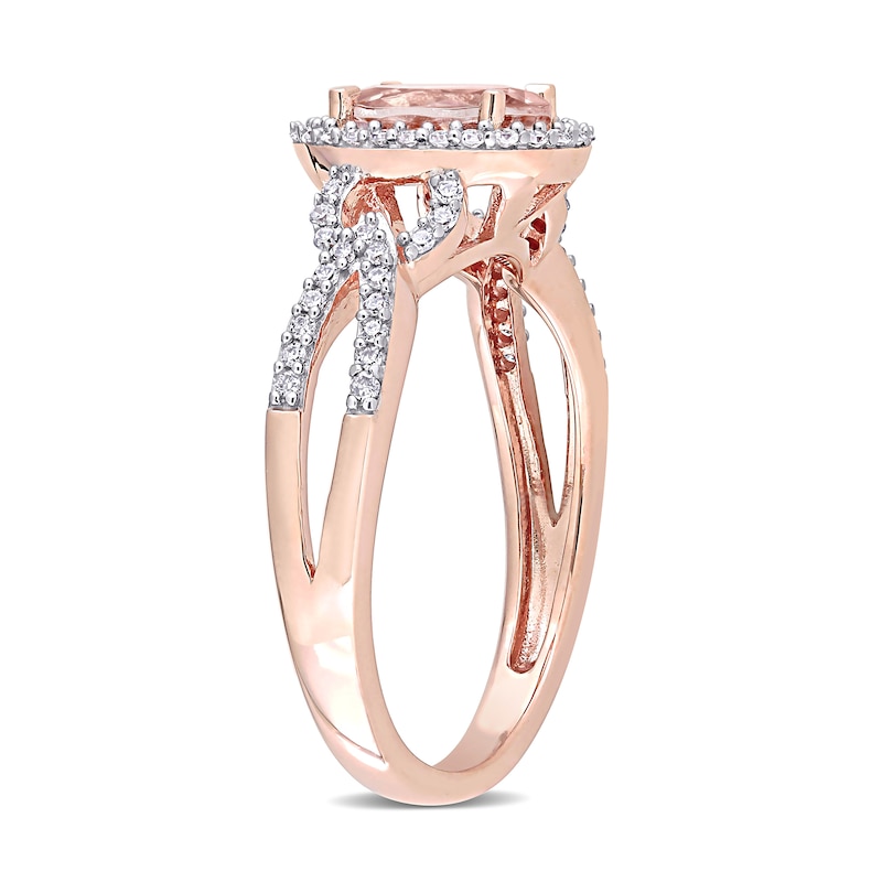 Main Image 3 of Oval Morganite and 0.19 CT. T.W. Diamond Frame Pointed Split Shank Buckle Ring in 14K Rose Gold