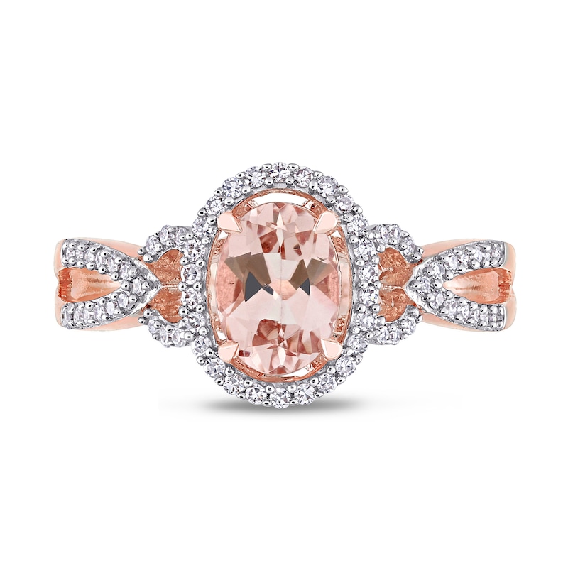 Main Image 4 of Oval Morganite and 0.19 CT. T.W. Diamond Frame Pointed Split Shank Buckle Ring in 14K Rose Gold