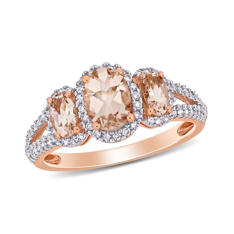 Oval Morganite and 0.34 CT. T.W. Diamond Frame Three Stone Split Shank Ring in 14K Rose Gold