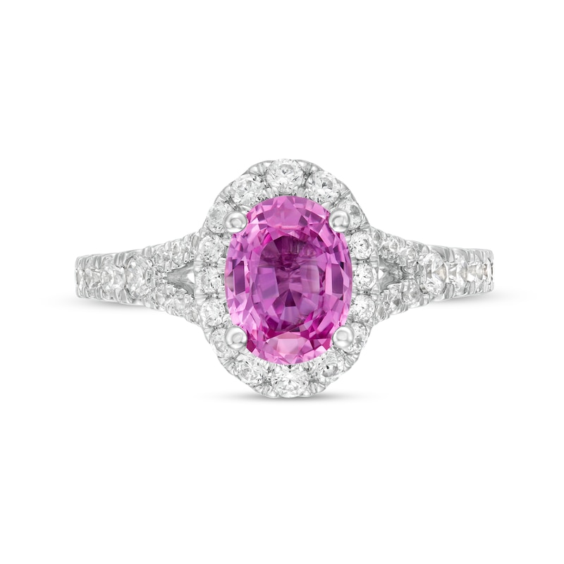 Vera Wang Love Collection Certified Oval Pink Sapphire and 0.69 CT. T.W. Diamond Frame Engagement Ring in 14K White Gold