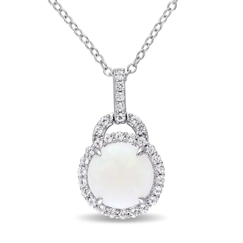 9.0mm Cabochon Opal and White Topaz Frame Doorknocker Pendant in Sterling Silver