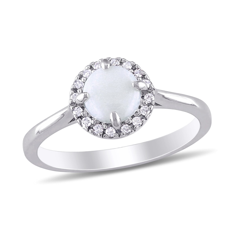 Main Image 1 of 8.0mm Cabochon Opal and 0.08 CT. T.W. Diamond Frame Ring in Sterling Silver