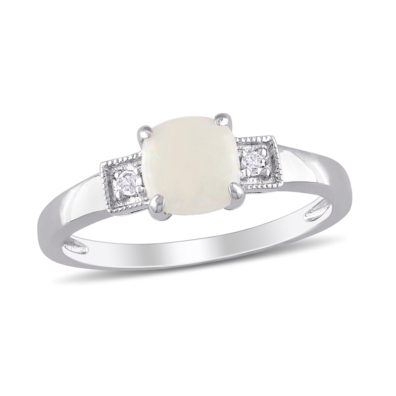 6.0mm Cushion-Cut Cabochon Opal and 0.04 CT. T.W. Diamond Vintage-Style Ring in Sterling Silver|Peoples Jewellers