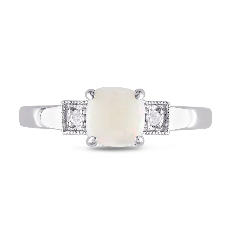 Main Image 4 of 6.0mm Cushion-Shaped Cabochon Opal and 0.04 CT. T.W. Diamond Vintage-Style Ring in Sterling Silver