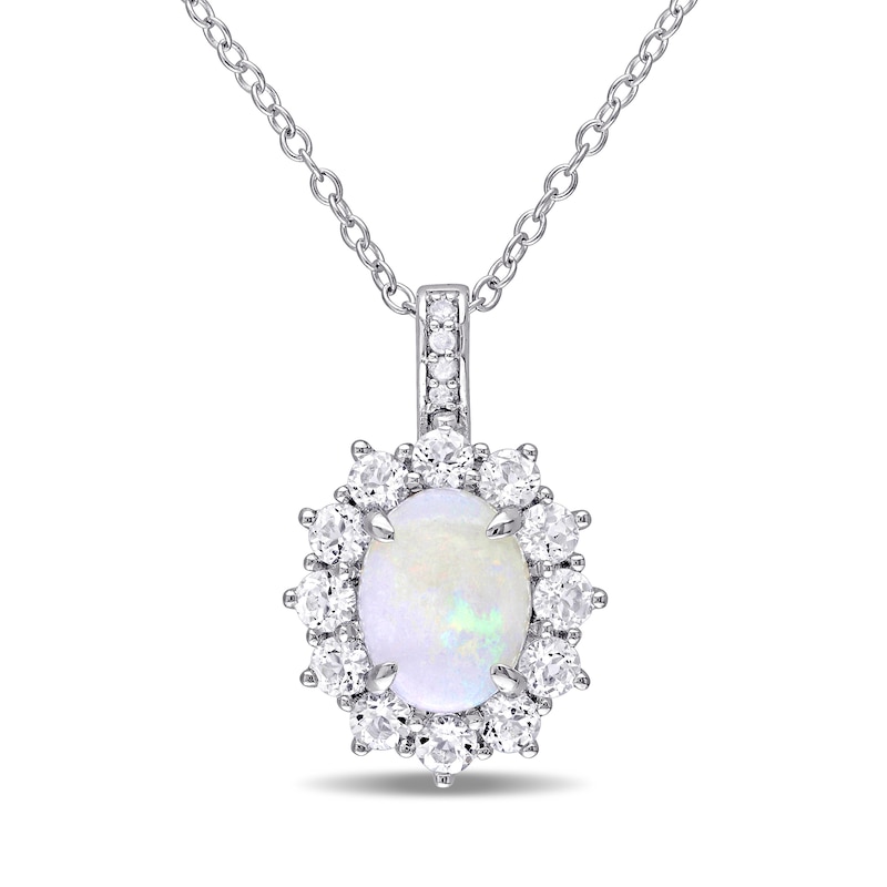 Oval Opal, White Topaz and Diamond Accent Starburst Frame Drop Pendant in Sterling Silver