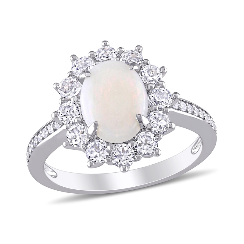 Oval Opal, White Topaz and 0.10 CT. T.W. Diamond Starburst Frame Ring in Sterling Silver