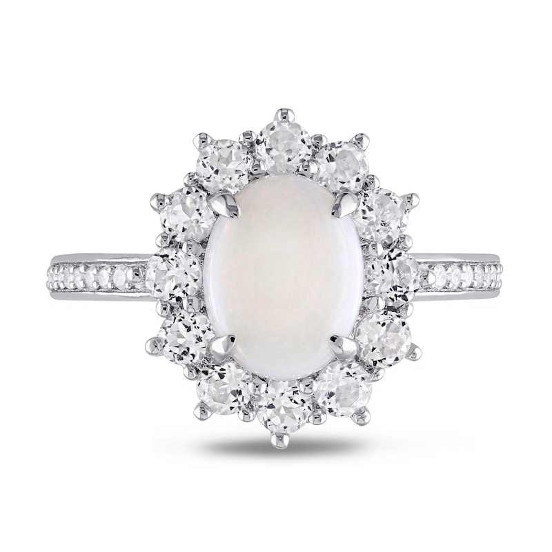 Oval Opal, White Topaz and 0.10 CT. T.W. Diamond Starburst Frame Ring in Sterling Silver