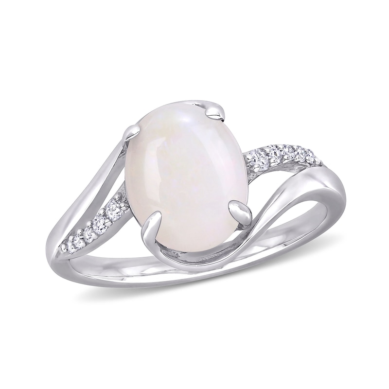 Oval Opal and 0.08 CT. T.W. Diamond Bypass Split Shank Ring in Sterling Silver|Peoples Jewellers